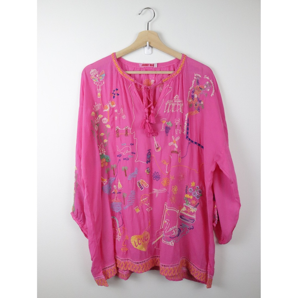 Johnny Was Zadonia Embroidered Tie Neck Blouse‎ 1X Fuchsia Pink - Picture 2 of 11